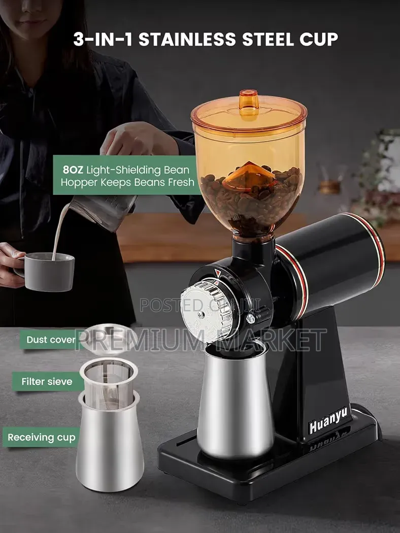 Coffe Grinder Powerfull Flat Burr ሁዋንዩ ለስራ እና ለቤት አገልግሎት የቡና መፍጫ