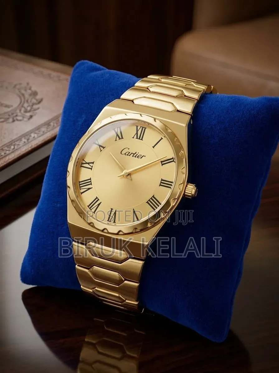Cartier-Style Analog Wristwatch Features a Yellow-Gold Finish, a Gold