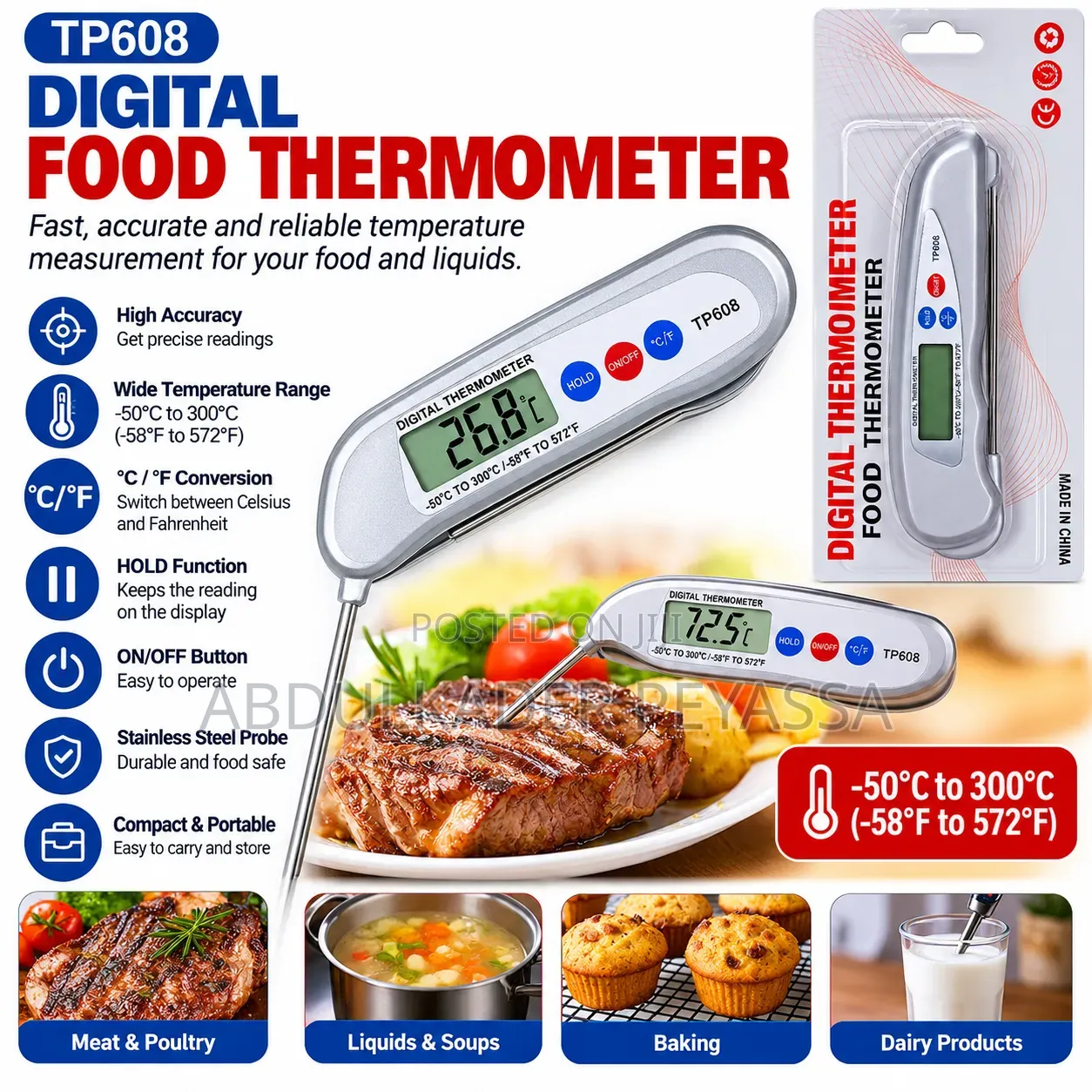 Digital Food Thermometer Tp608 Stainles Steel Probe