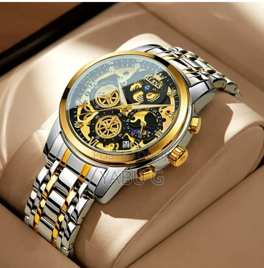 OLEVS Men's Two-Tone Skeleton Chronograph Watch Black and Gold