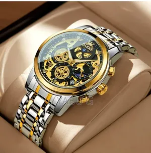 OLEVS Men's Two-Tone Skeleton Chronograph Watch Black and Gold