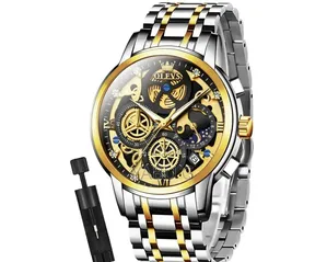 OLEVS Men's Two-Tone Skeleton Chronograph Watch Black and Gold