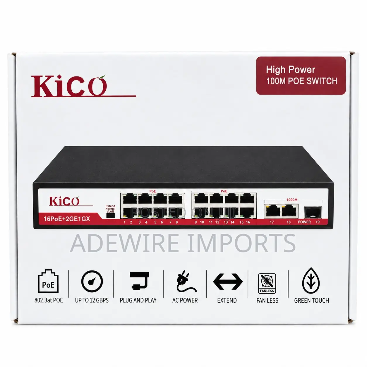 KICO Kico1916K-16p 16-Port PoE Switch, 300W, Gigabit Uplink