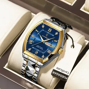 POEDAGAR Men's Quartz Watch With a Blue and Gold Tonneau-Shape