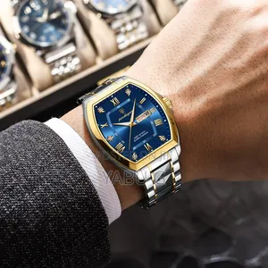 POEDAGAR Men's Quartz Watch With a Blue and Gold Tonneau-Shape
