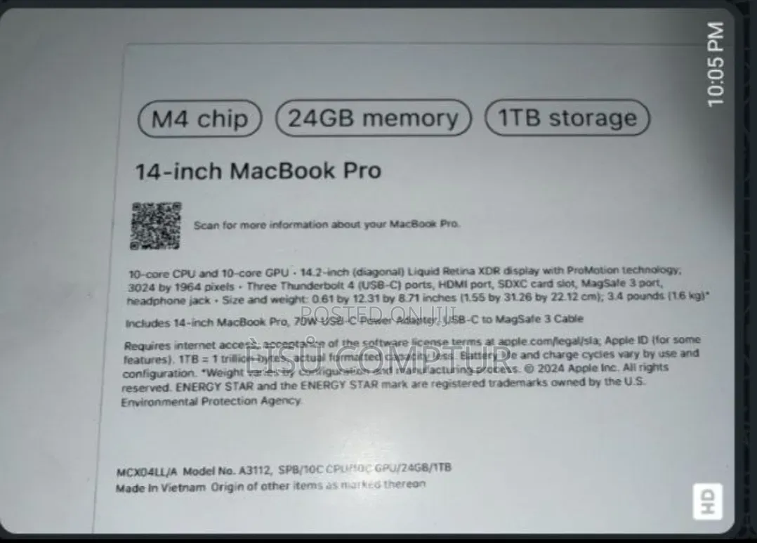New Laptop Apple MacBook Pro 2024 M4 24GB Apple M4 Pro SSD 1T