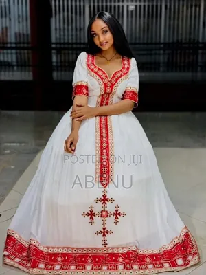 Elegant White and Red Ethiopian Habesha Kemis
