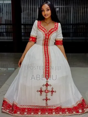 Elegant White and Red Ethiopian Habesha Kemis
