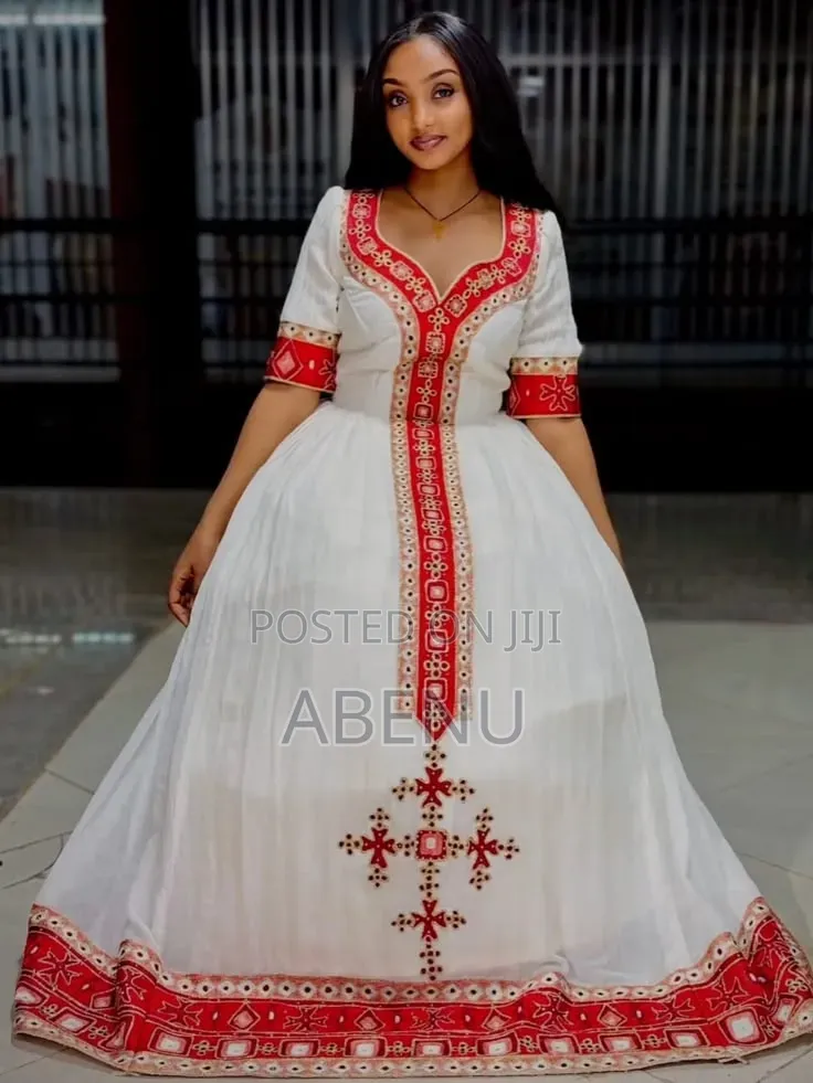 Elegant White and Red Ethiopian Habesha Kemis