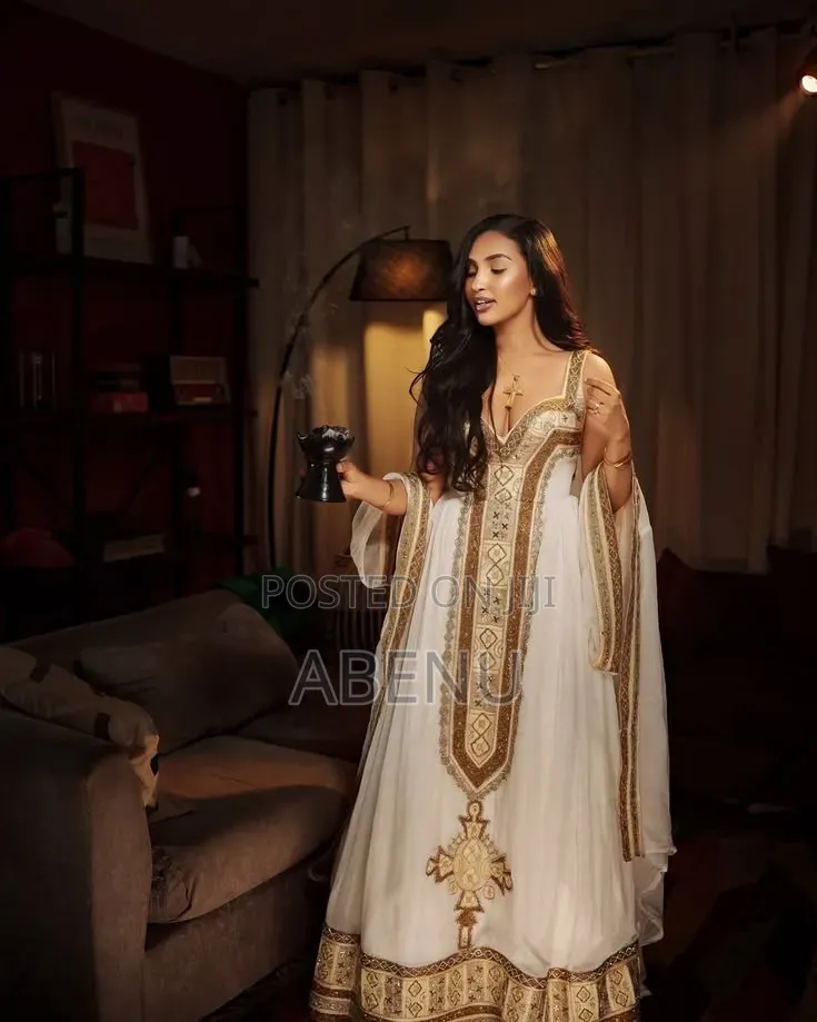 Elegant White and Gold Ethiopian Habesha Kemis