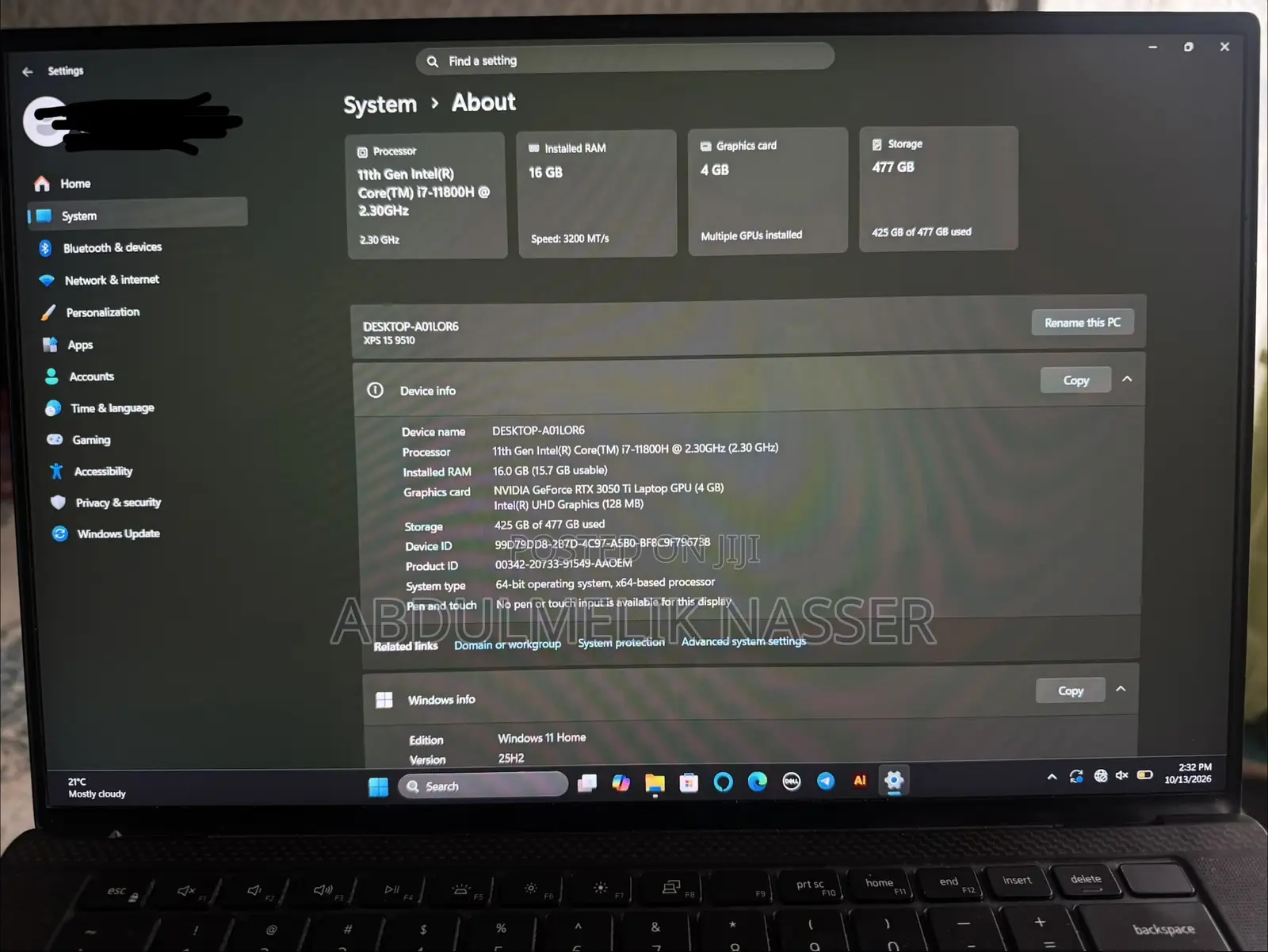 Laptop Dell XPS 15 16GB Intel Core i7 SSD 512GB