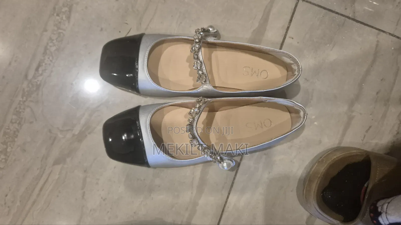 Women's Silver Mary Jane Flats With Rhinestone Strap