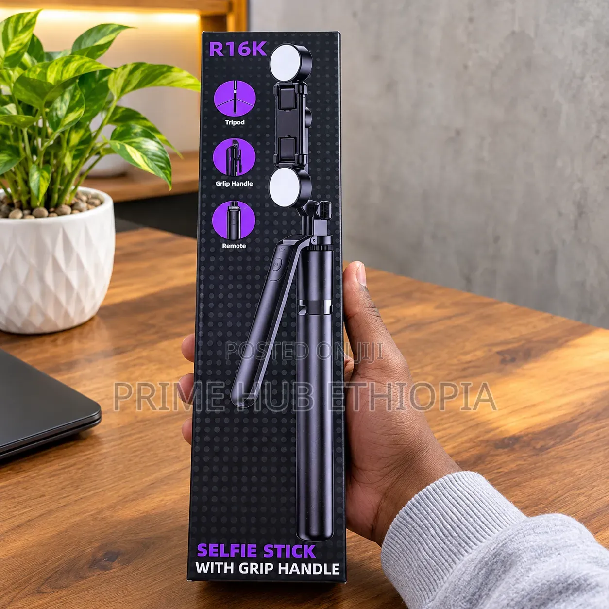 R16K 3-in-1 Selfie Stick With Grip Handle, Tripod, and Fill Light.