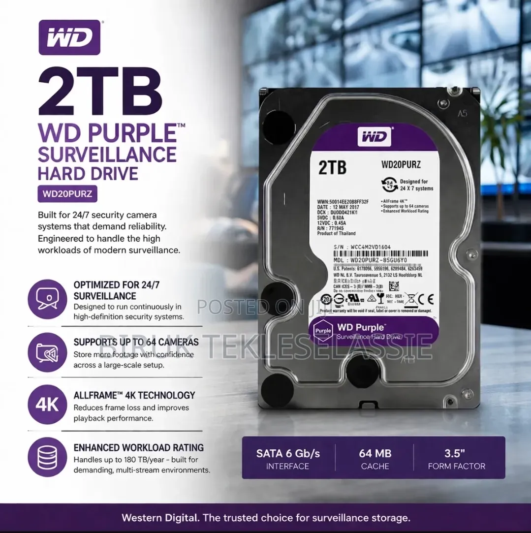 2TB WD Purple Hard Drive for CCTV Servilance Camera