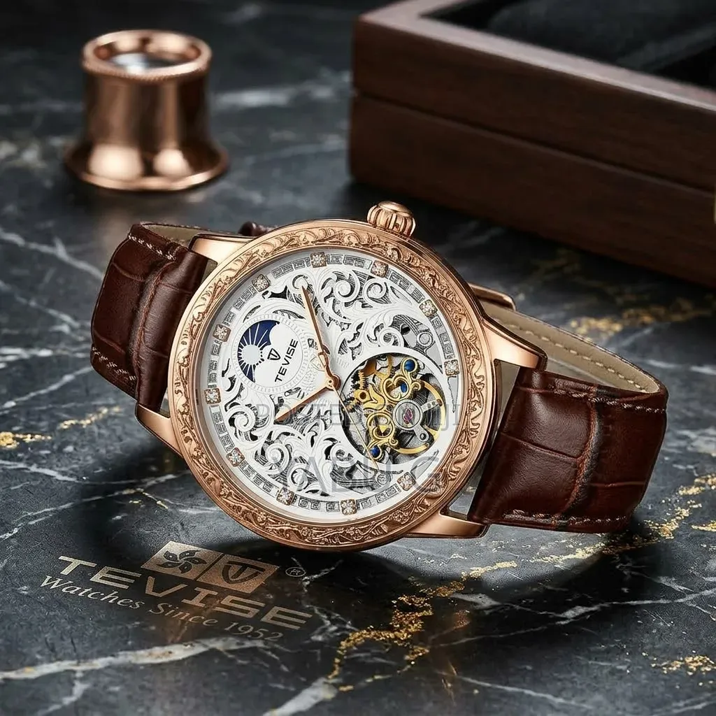 TEVISE Tourbillon Skeleton Watches Mens Mechanical Automatic Wrist