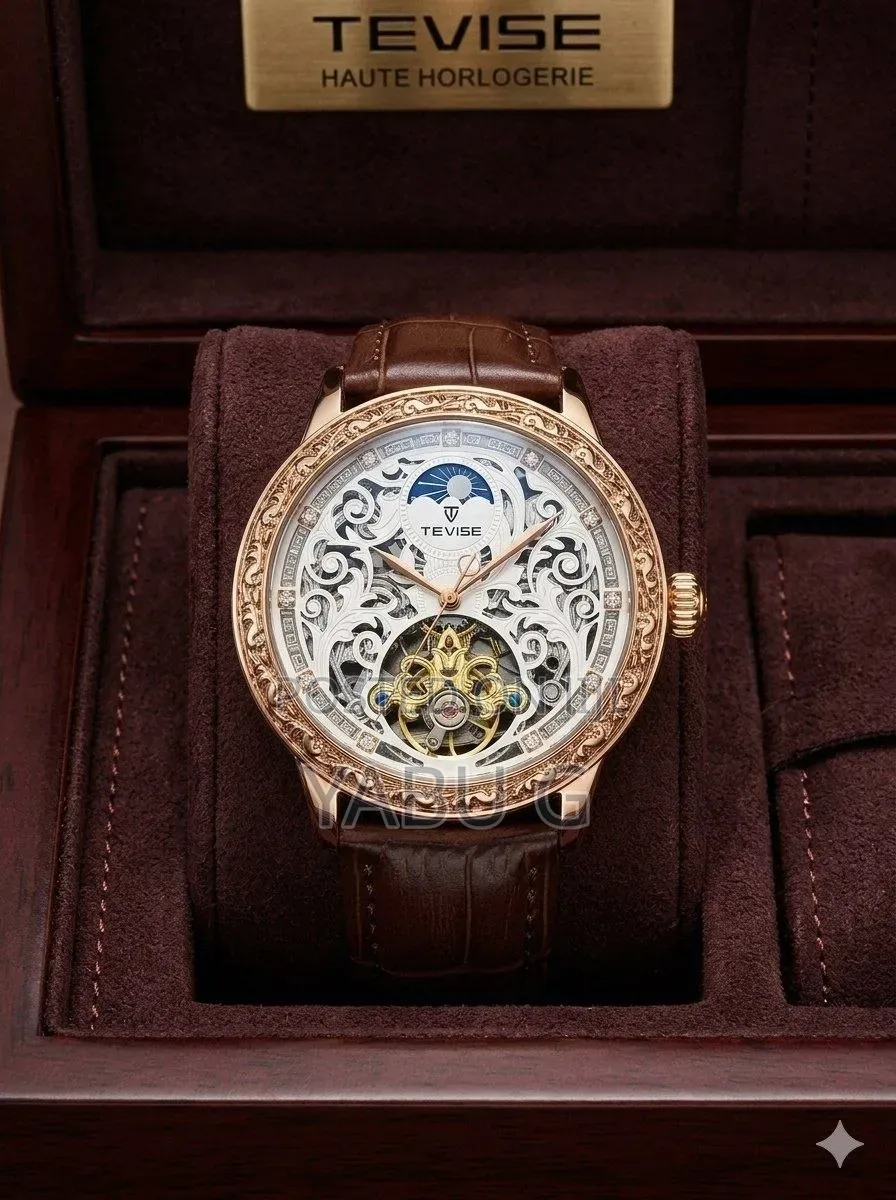 TEVISE Automatic Mechanical Skeleton Wristwatch With a Rose Gold-Toned