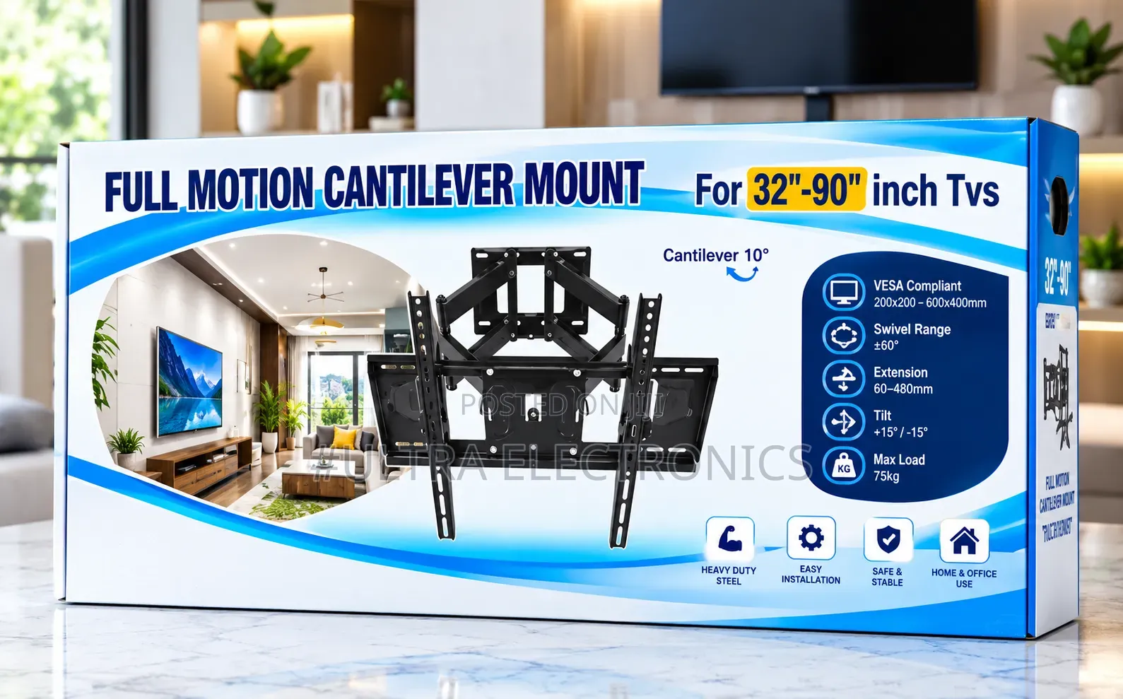 Wall Mount Full Motion TV– 32” to 90” 
 Heavy Duty • Swivel