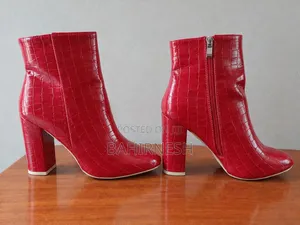 Red Croc-Embossed Ankle Boots High Block Heel