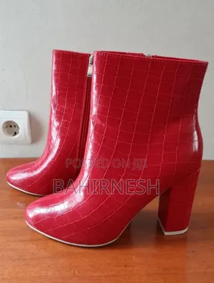 Red Croc-Embossed Ankle Boots High Block Heel