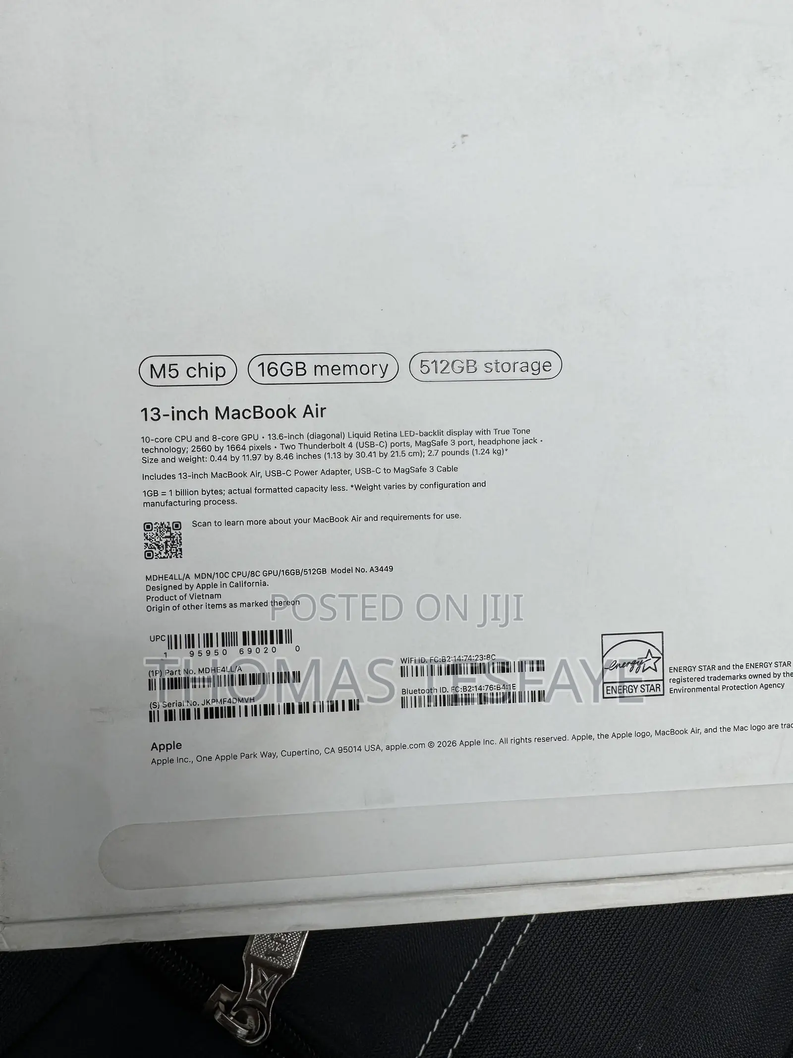New Laptop Apple MacBook Air 2026 M5 16GB Apple M5 SSD 512GB