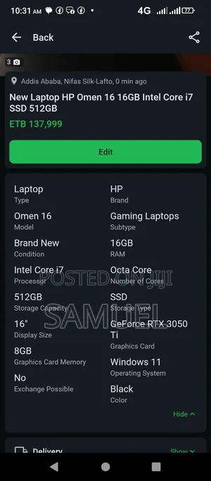 New Laptop HP Omen 16 16GB Intel Core i7 SSD 512GB