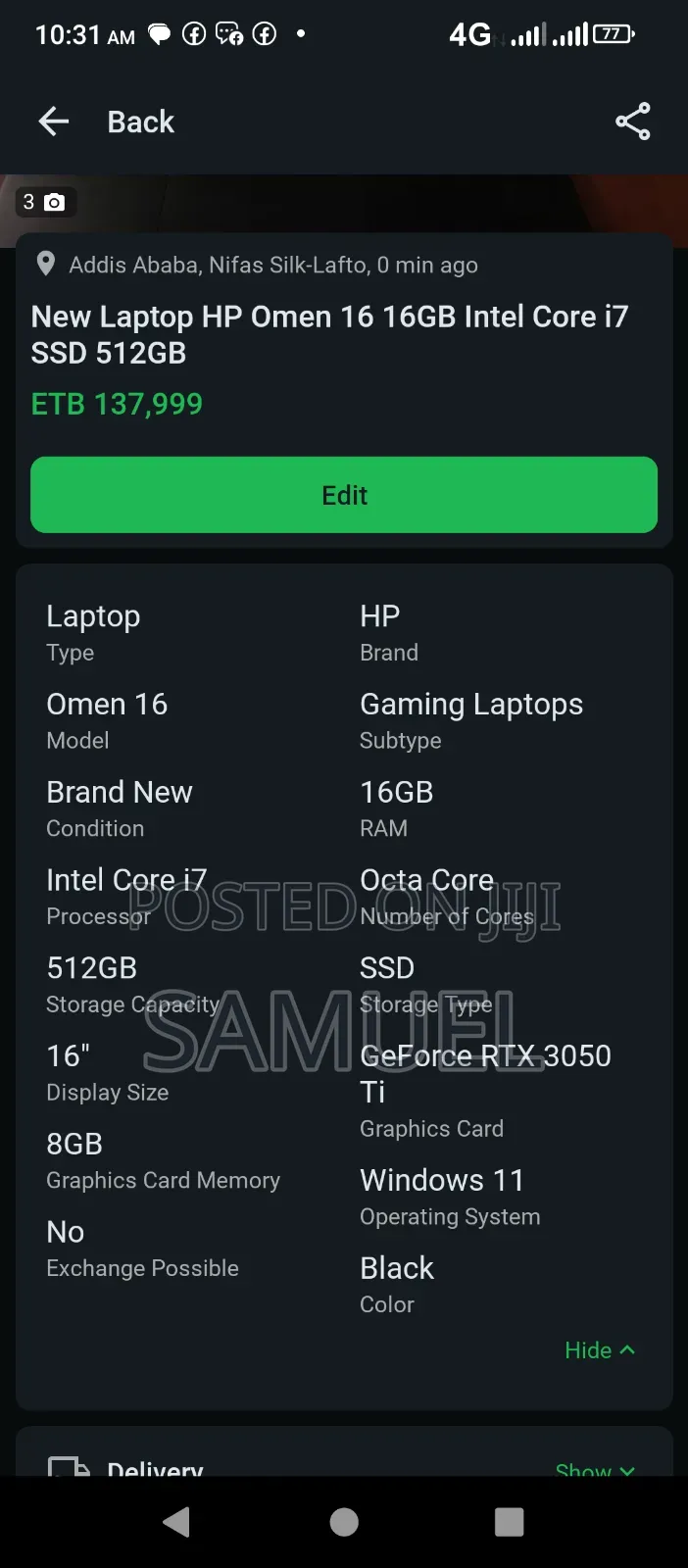 New Laptop HP Omen 16 16GB Intel Core i7 SSD 512GB