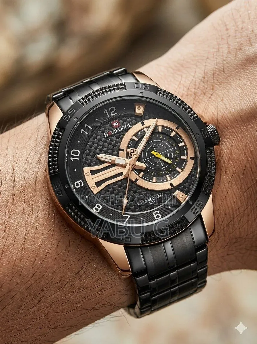 Naviforce Watch Features a Black Stainless Steel Band and a Rose Gold