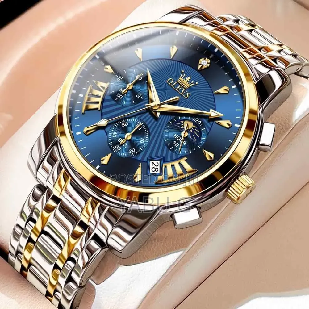 OLEVS Men's Quartz Chronograph Watch With a Blue Dial, Gold Bezel
