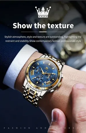 OLEVS Men's Quartz Chronograph Watch With a Blue Dial, Gold Bezel