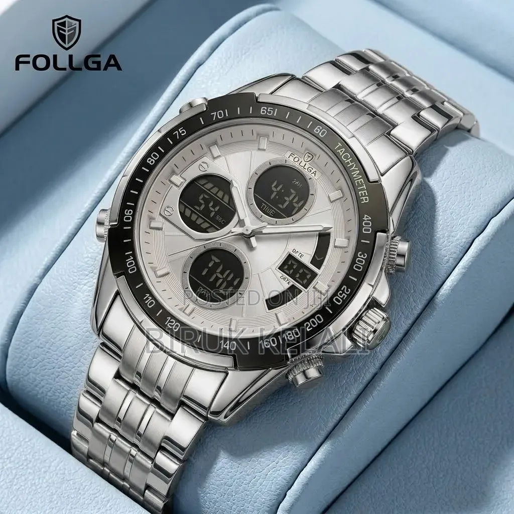 Luxury Stainless Steel Analog-Digital With a Silver and Black Bezel.
