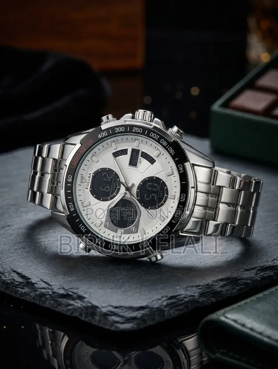 Luxury Stainless Steel Analog-Digital With a Silver and Black Bezel.