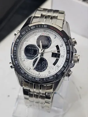 Luxury Stainless Steel Analog-Digital With a Silver and Black Bezel.