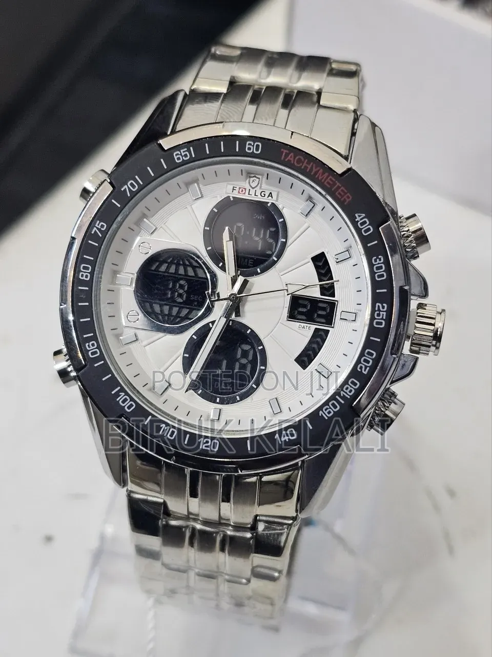 Luxury Stainless Steel Analog-Digital With a Silver and Black Bezel.
