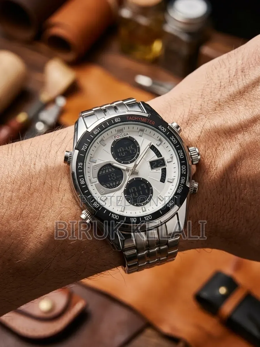 Luxury Stainless Steel Analog-Digital With a Silver and Black Bezel.