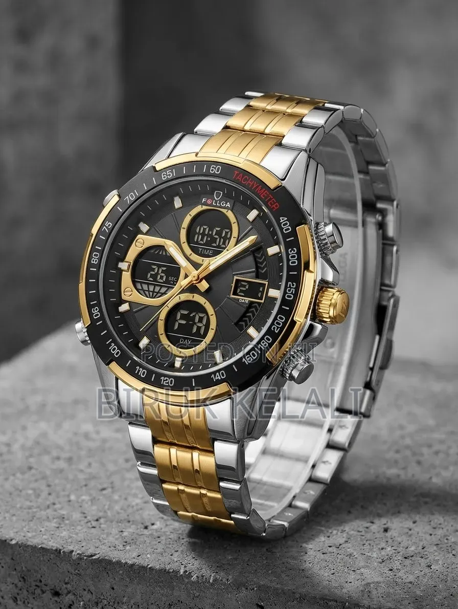 GOLDEN HOUR Luxury Stainless Steel Analog-Digital Sports Wristwatch