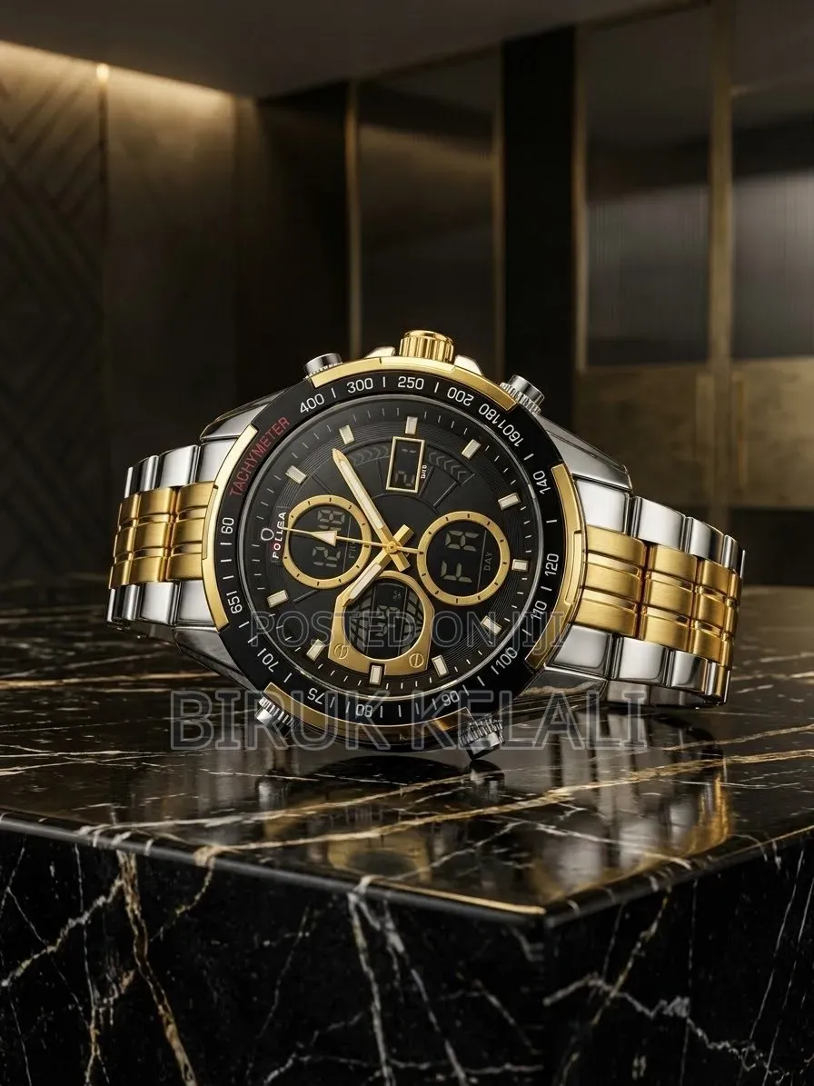 GOLDEN HOUR Luxury Stainless Steel Analog-Digital Sports Wristwatch