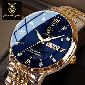 POEDAGAR Men's Stainless Steel Quartz Wristwatch Featuring a Blue Dial