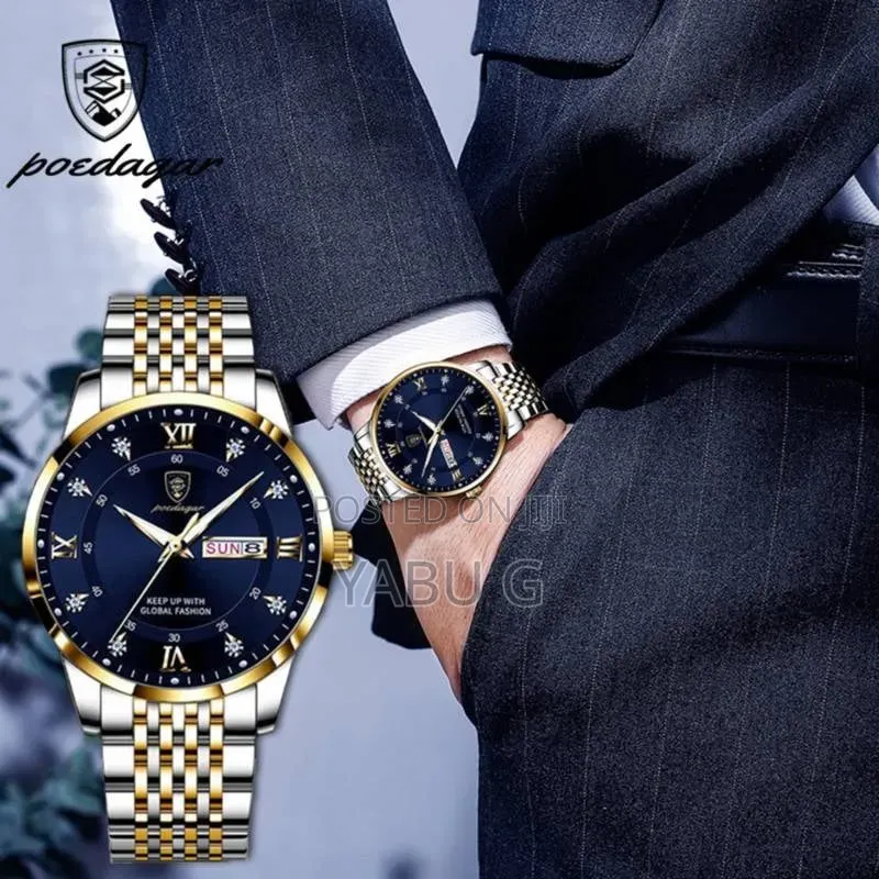 POEDAGAR Men's Stainless Steel Quartz Wristwatch Featuring a Blue Dial