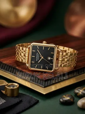 HERMES Gold-Tone Stainless Steel Bracelet, a Square Black Sunray Dial