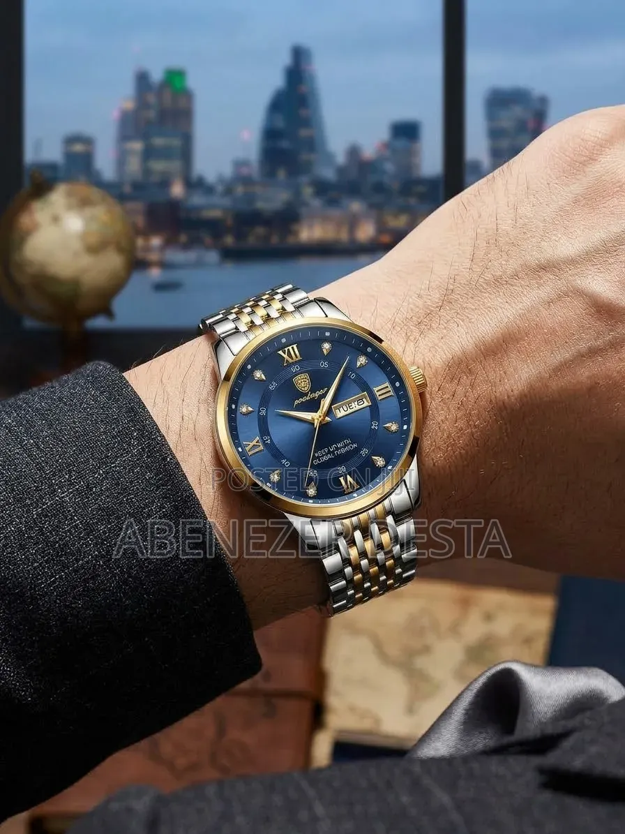 Poedagar 836 Men's Quartz Watch With a Blue Dial, Gold