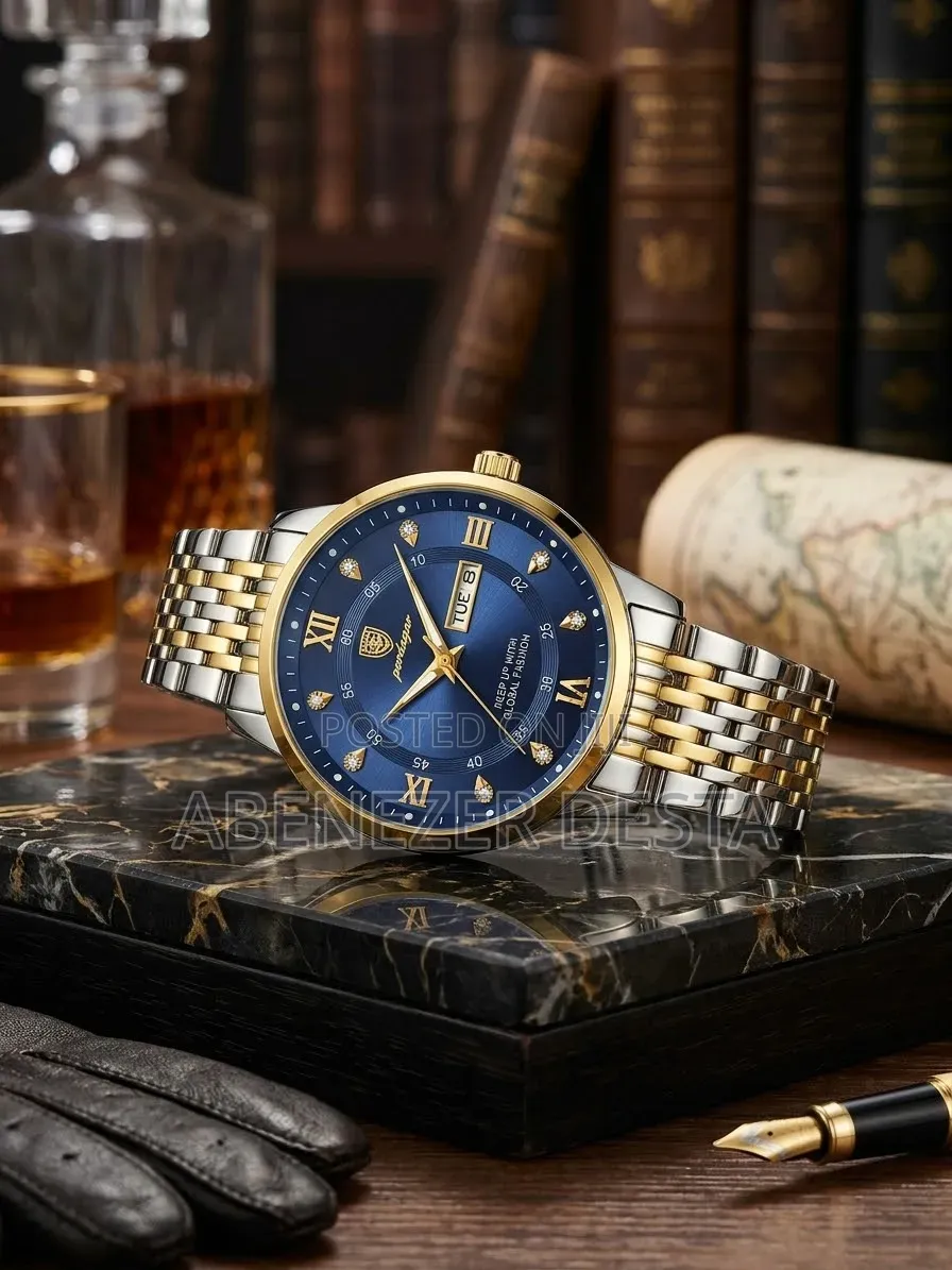 Poedagar 836 Men's Quartz Watch With a Blue Dial, Gold