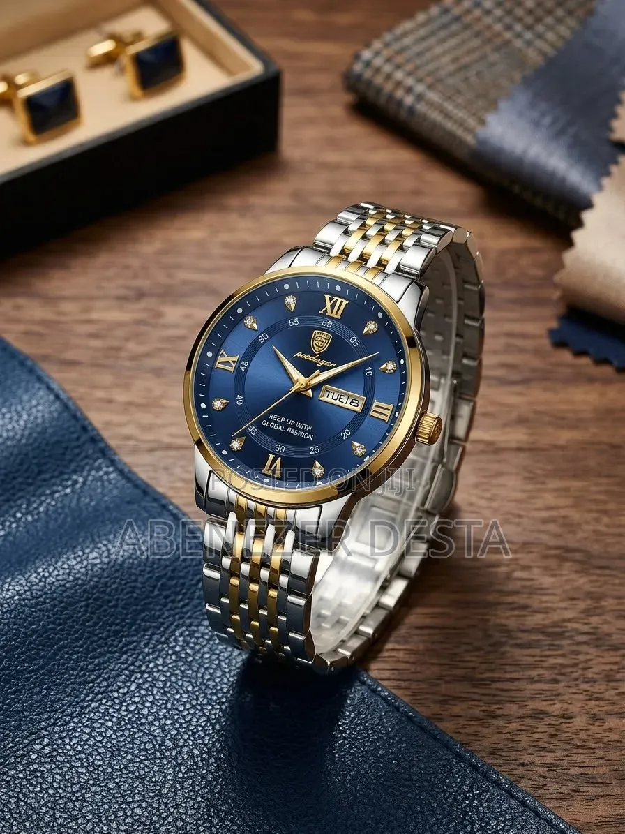 Poedagar 836 Men's Quartz Watch With a Blue Dial, Gold