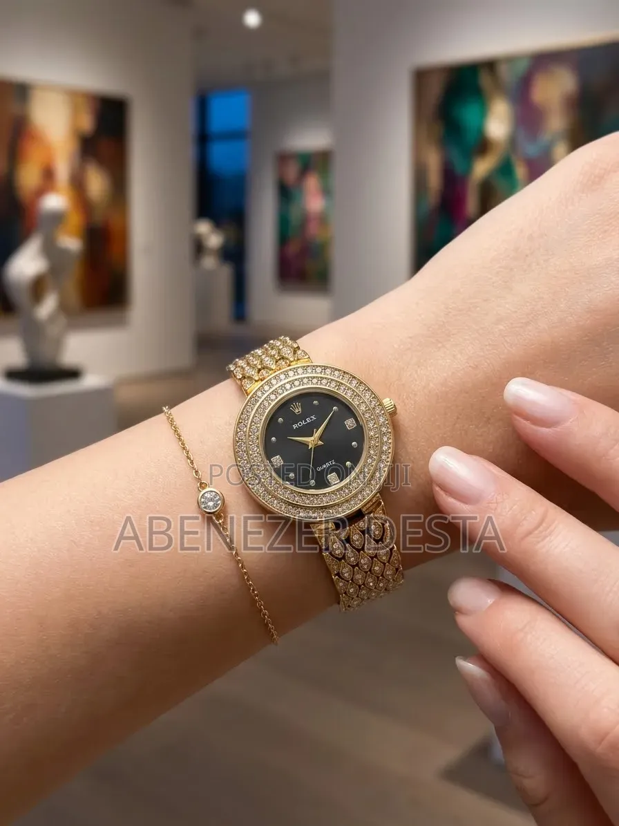 Gold-Tone Women Wristwatch the Rolex,black Analog Dial, a Double-Layer