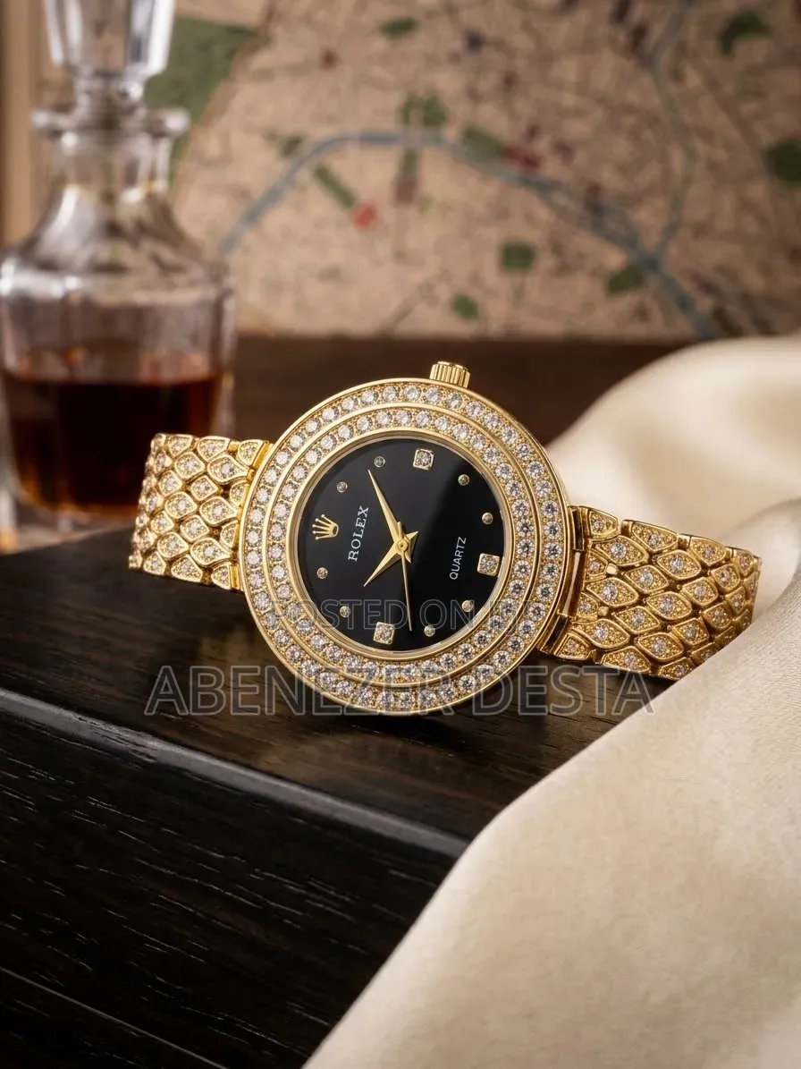 Gold-Tone Women Wristwatch the Rolex,black Analog Dial, a Double-Layer
