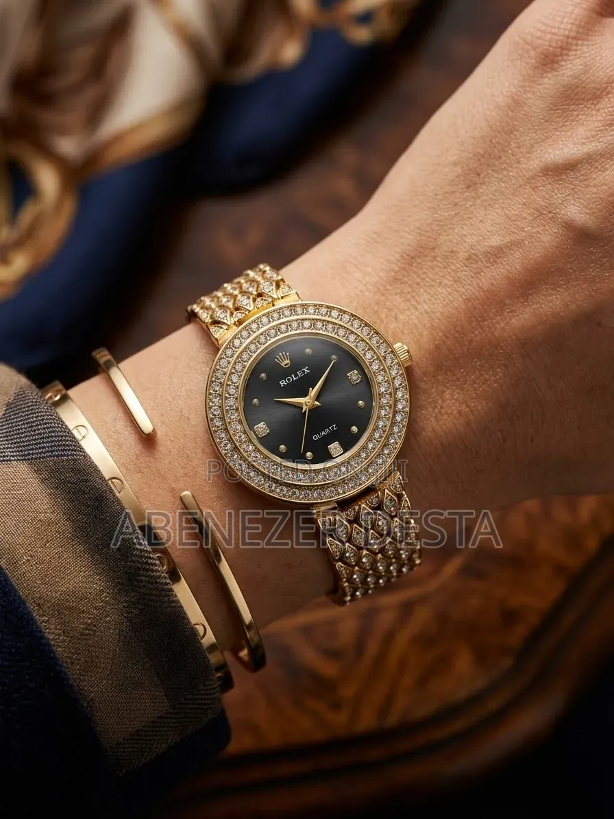 Gold-Tone Women Wristwatch the Rolex,black Analog Dial, a Double-Layer