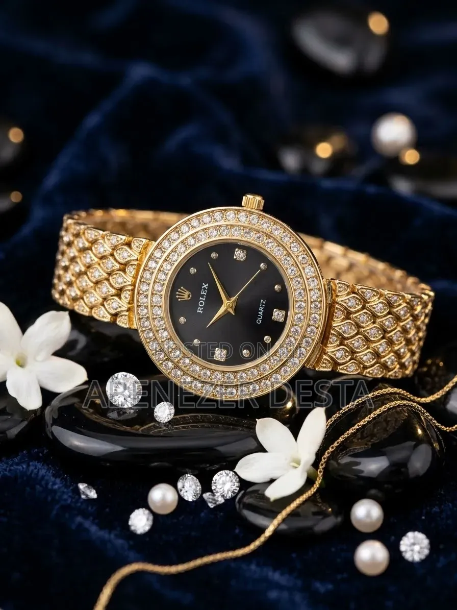 Gold-Tone Women Wristwatch the Rolex,black Analog Dial, a Double-Layer