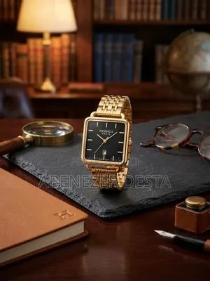 Hermès Paris Gold-Tone Square-Case Analog Watch Featuring a Black Dial