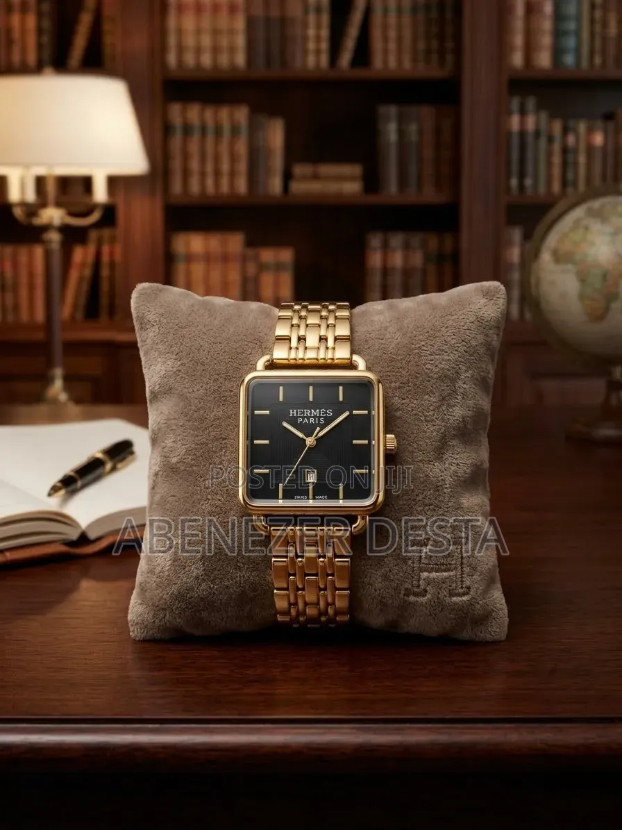 Hermès Paris Gold-Tone Square-Case Analog Watch Featuring a Black Dial