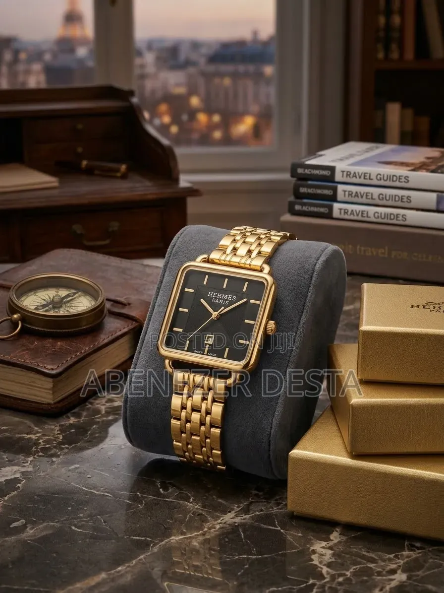 Hermès Paris Gold-Tone Square-Case Analog Watch Featuring a Black Dial