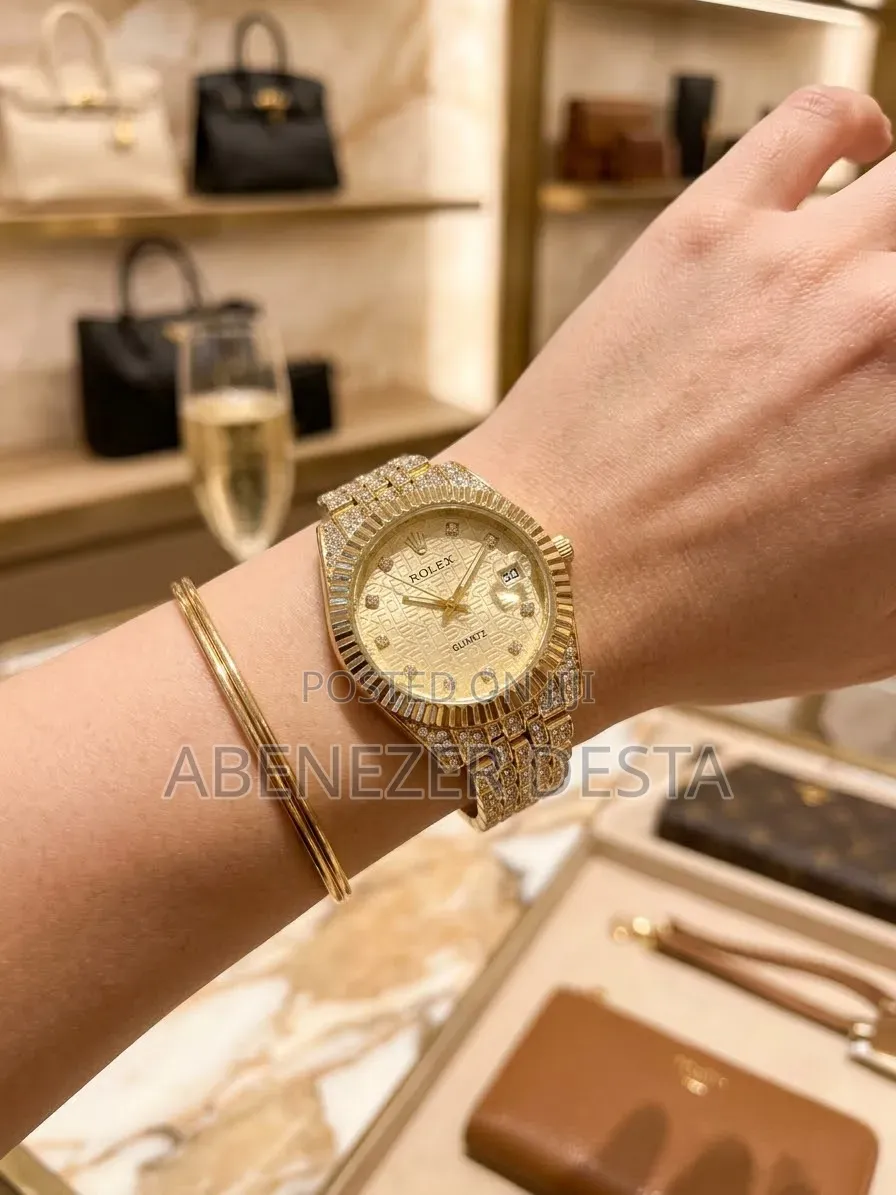 Gold-Tone
Fashion Wristwatch Resembling a Diamond-Studded Rolex-Style